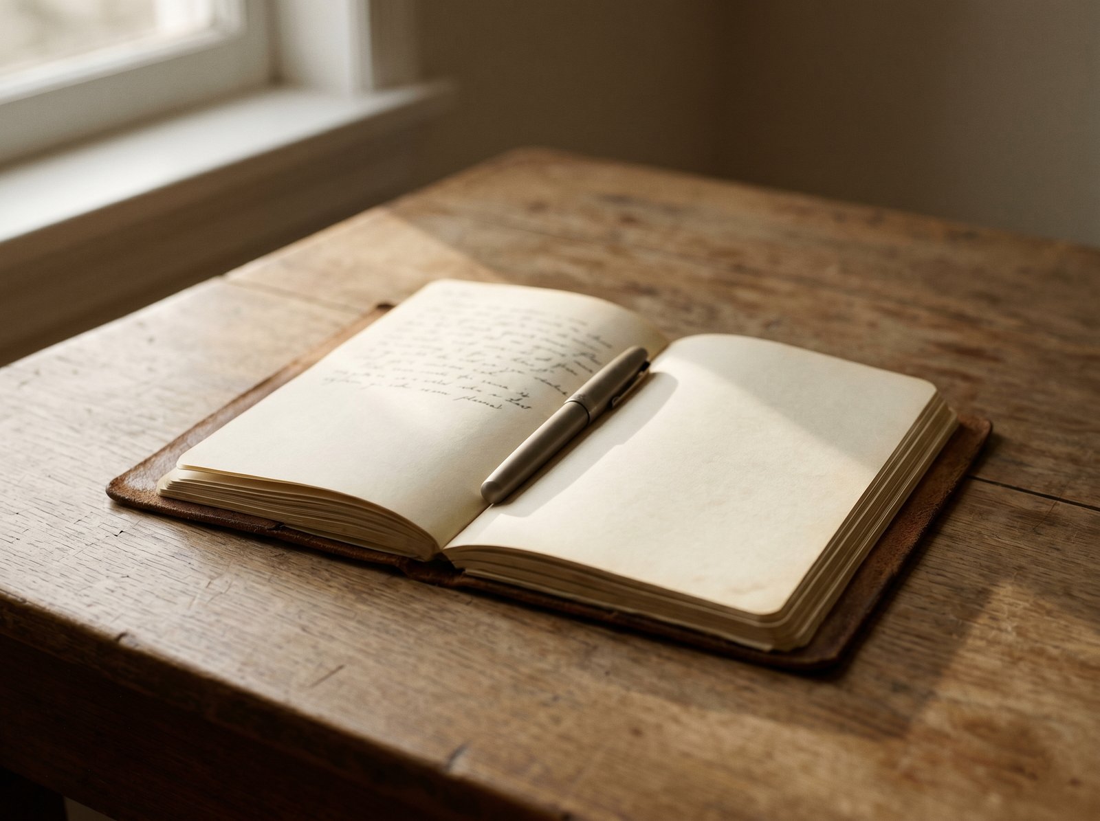 Documentary still life. Notebook on a worn desk, side-lit.