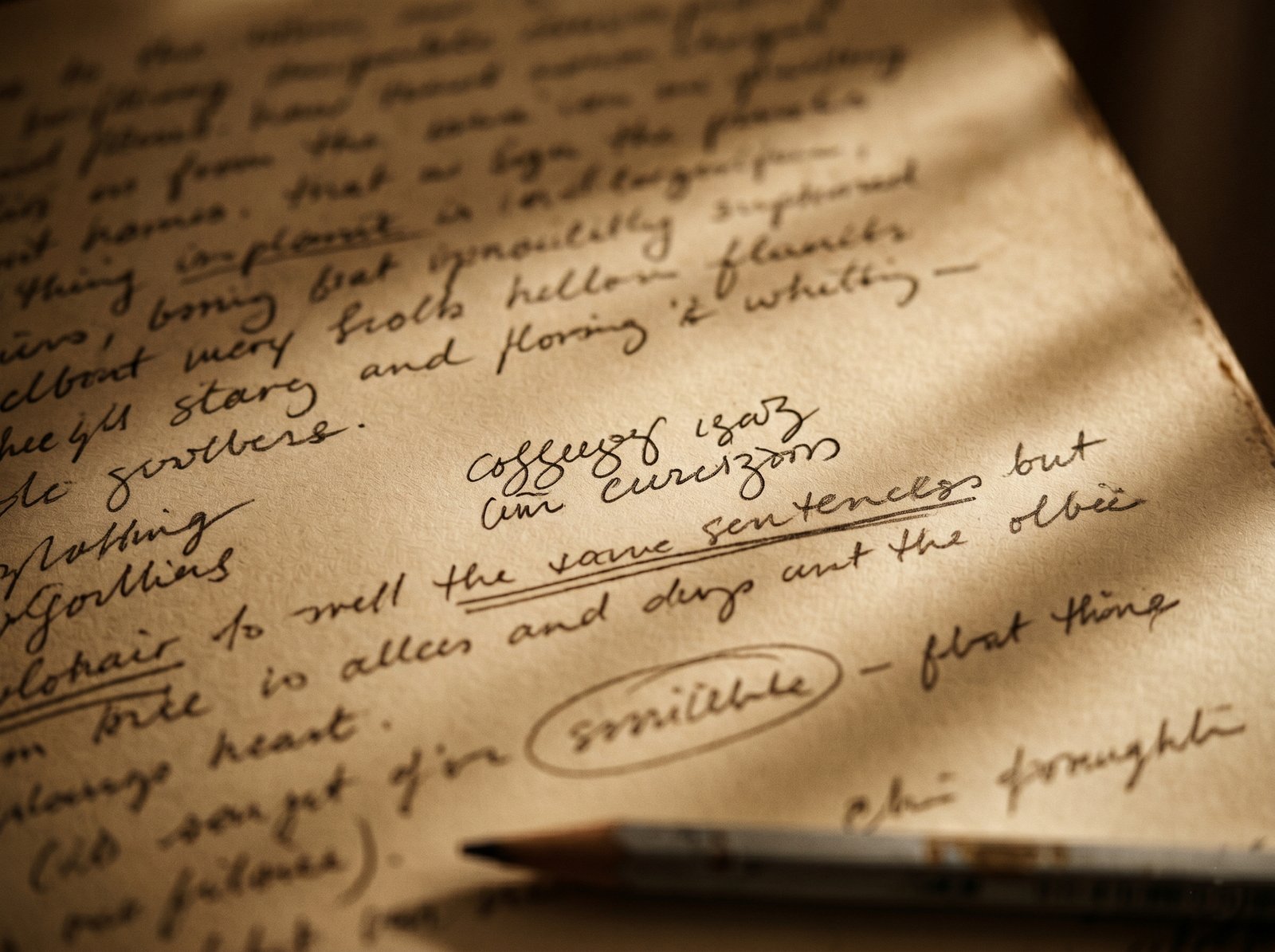 Documentary still life. Hand-marked manuscript page, close detail.