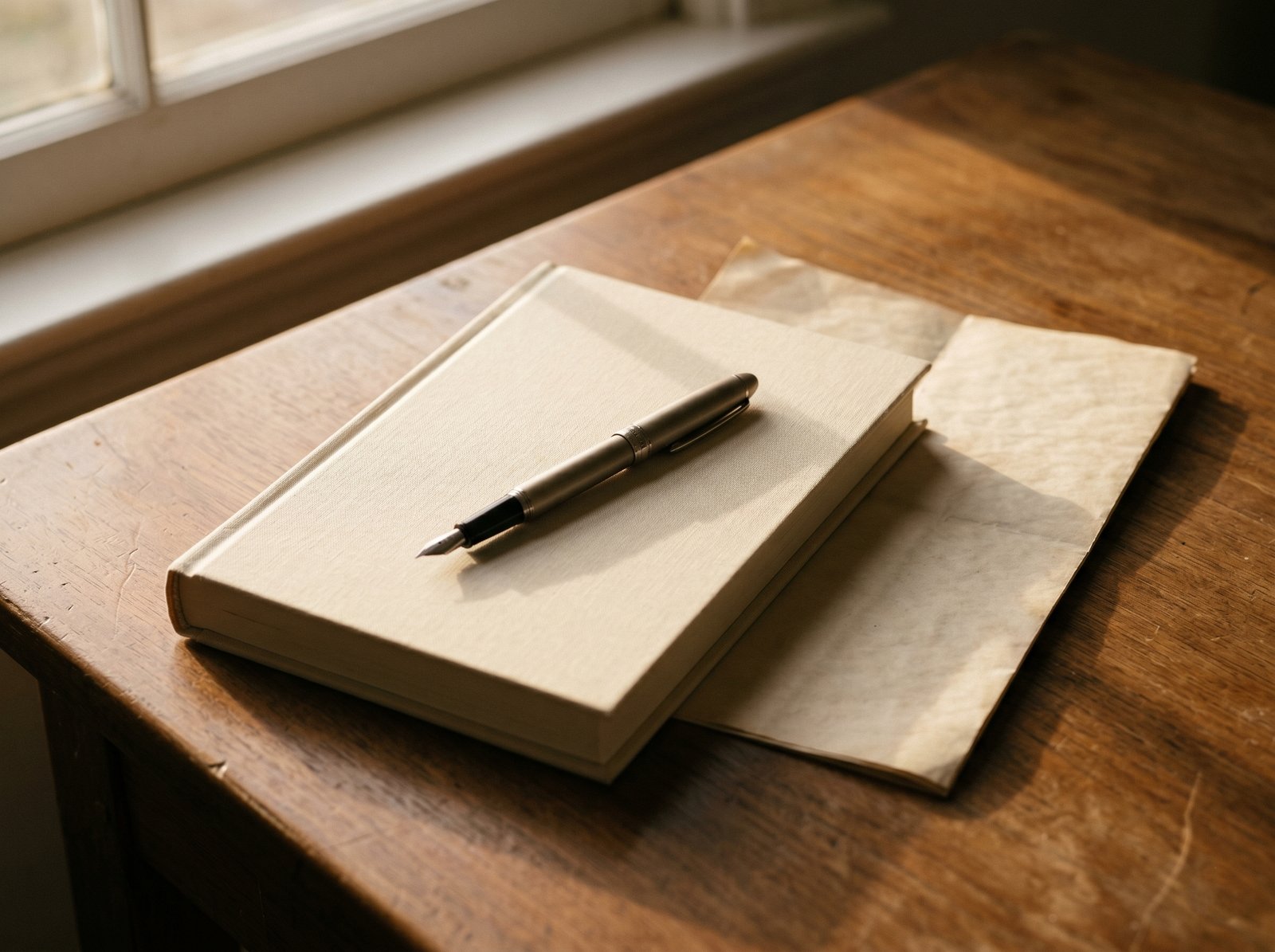 Documentary still life. Open book on a wooden surface, raking afternoon light, single fountain pen.