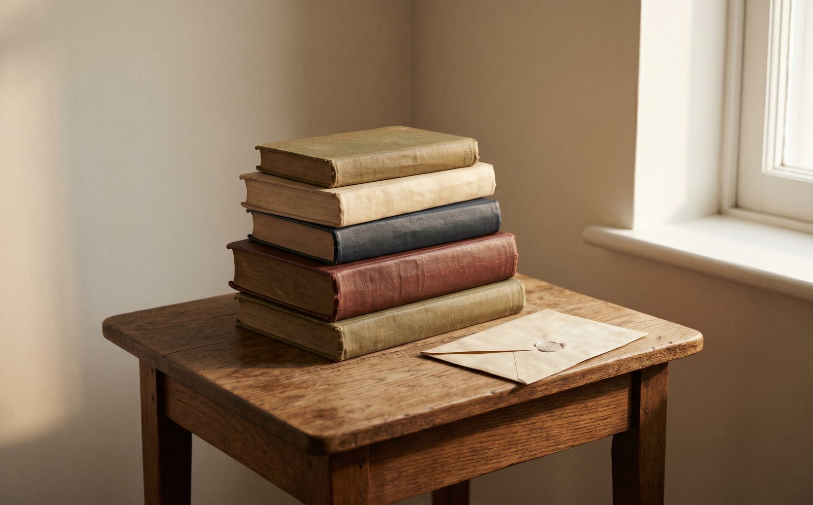 Documentary still life. Stack of worn books on a side table, single object of meaning placed beside them.