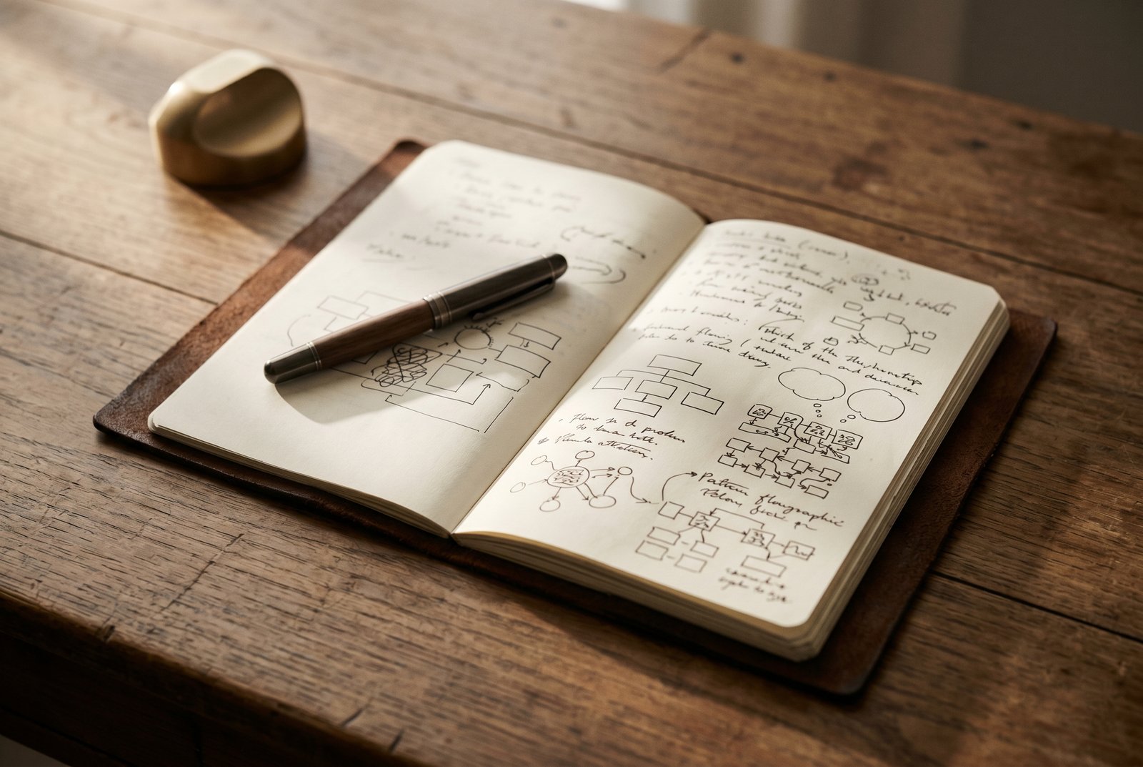 Documentary still life. Worn leather notebook open to a marked page, fountain pen resting across it, single brass paperweight, raking morning light.