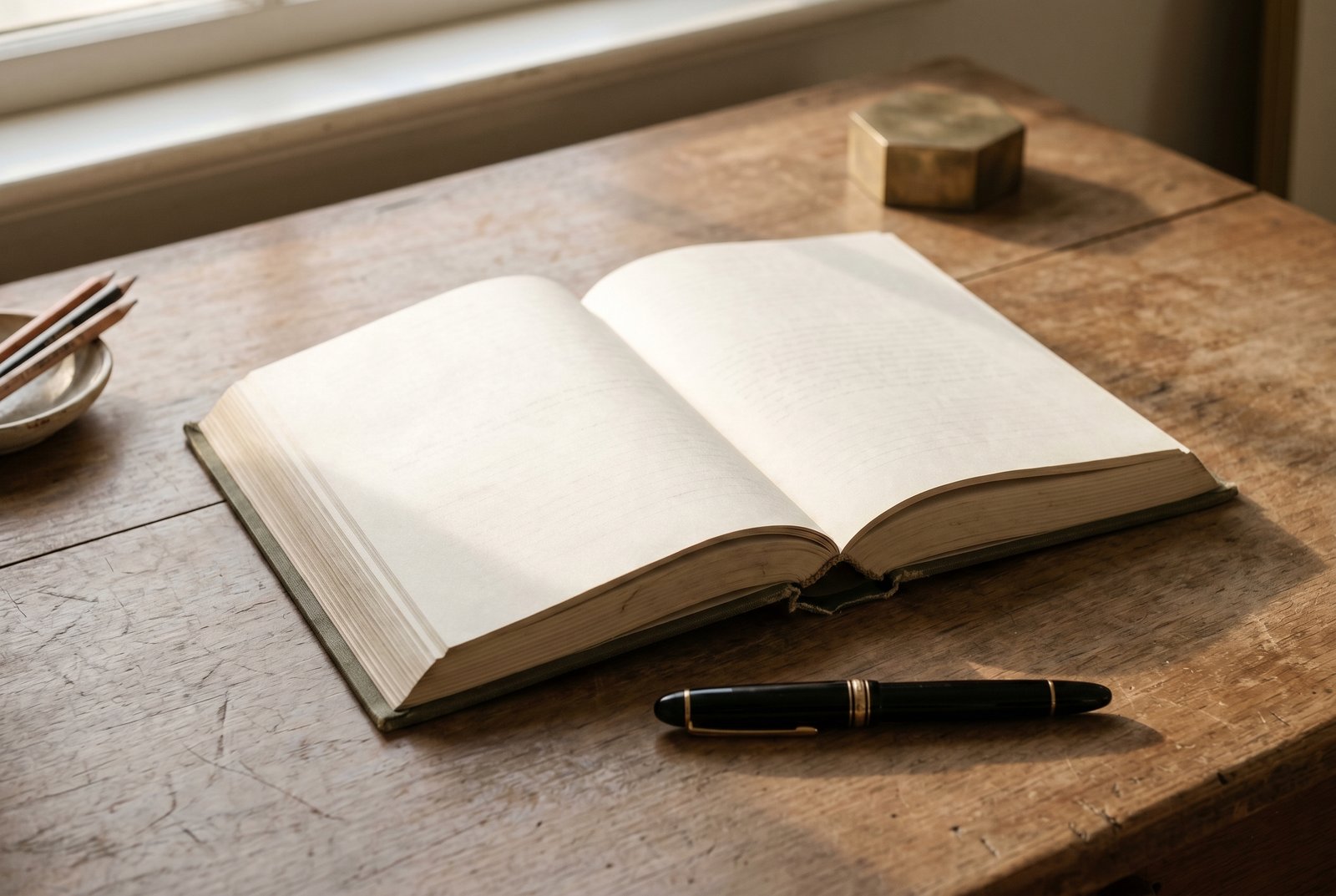 Documentary still life. Open book on a wooden surface, raking afternoon light, single fountain pen.